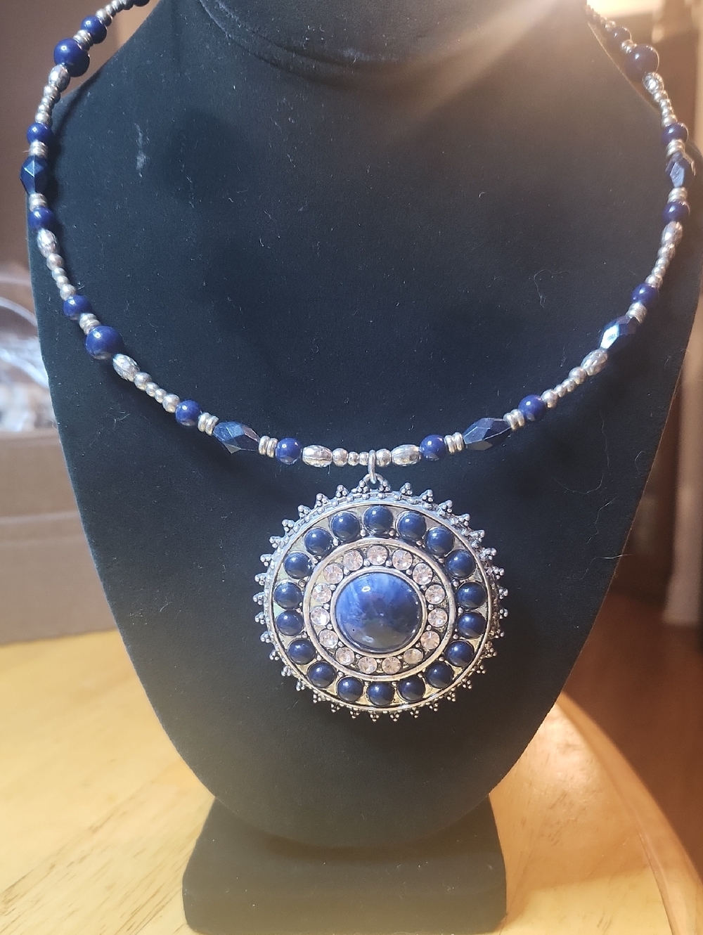 Silver-Tone Blue Beaded Pendant Necklace